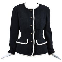 Chanel 93P Black Cream Wool Trim "CC" Button Boucle LS Jacket *SZ 44* 