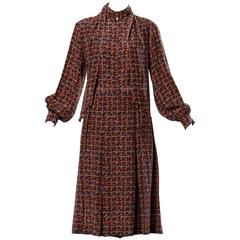 1970s Christian Dior Vintage Silk Ascot Button Up Blouse + Skirt Ensemble