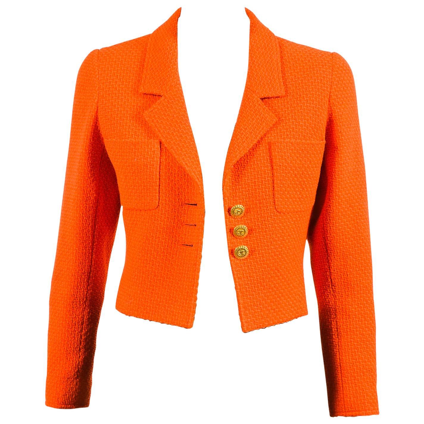 Chanel 97C Orange Tweed Gold Button Notch Collar Crop Jacket *SZ 38*  For Sale