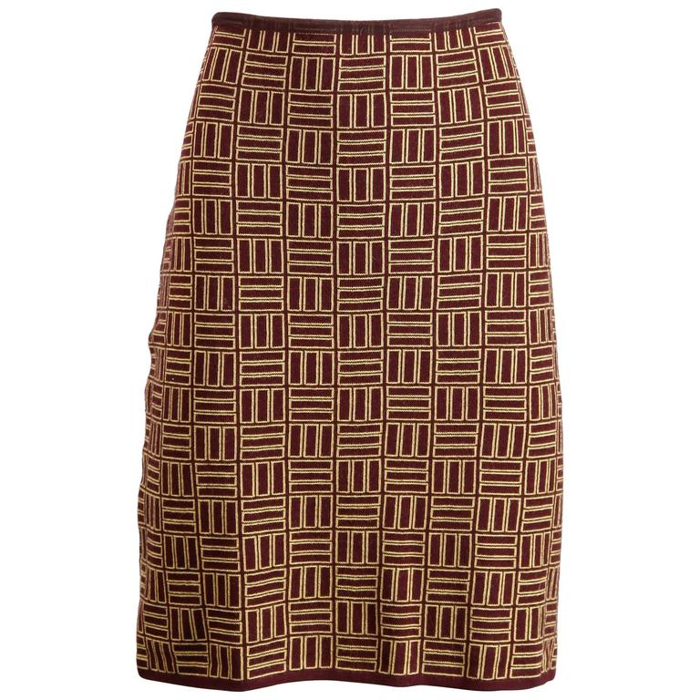 Pre-owned Alessandro Dell'acqua Vintage Geometric Merino Wool Knit Skirt In Brown
