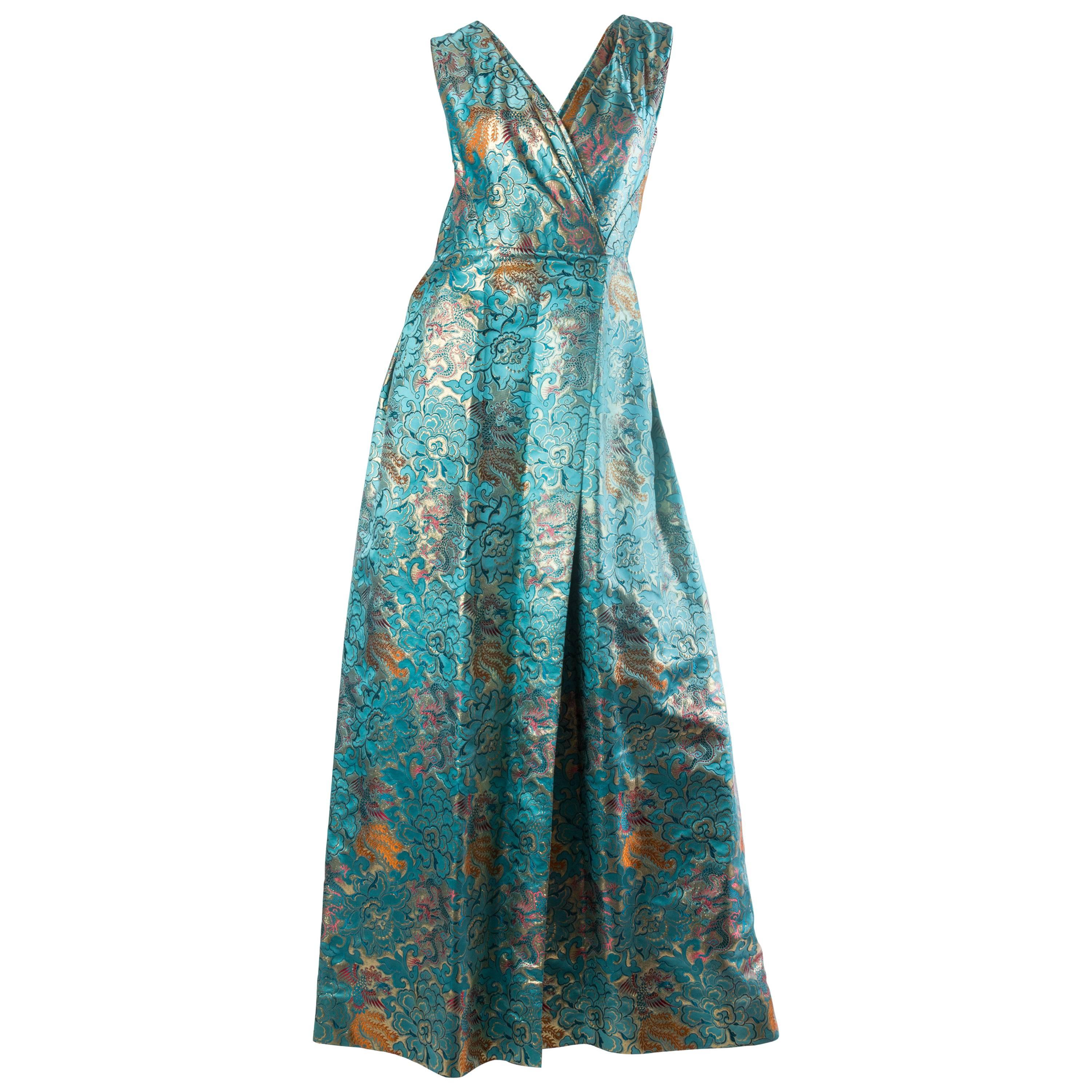MORPHEW COLLECTION Teal & Gold Asian Dragon And Phoenix Jacquard Reversible Gow
