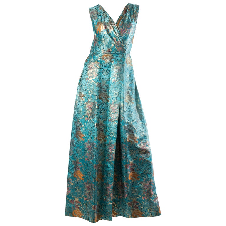 MORPHEW COLLECTION Teal and Gold Asian Dragon And Phoenix Jacquard ...