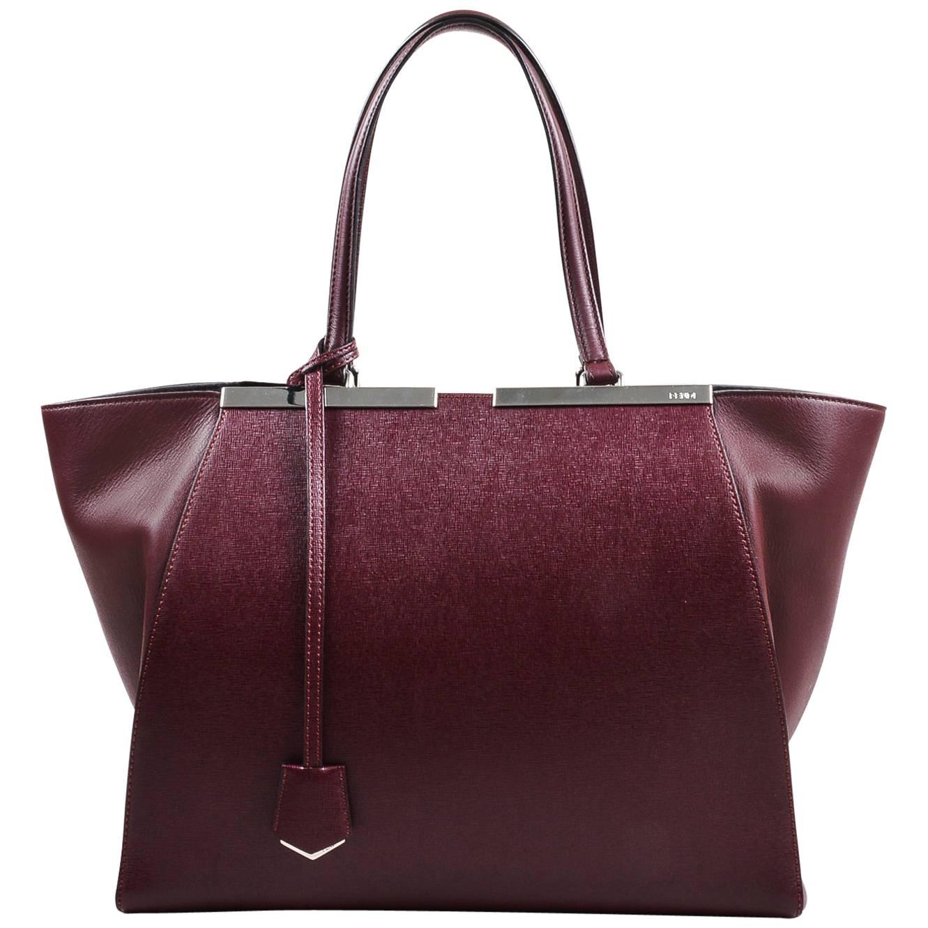 Fendi Maroon Textured Leather Top Handle "3 Jours" Medium Trapeze Tote Bag For Sale