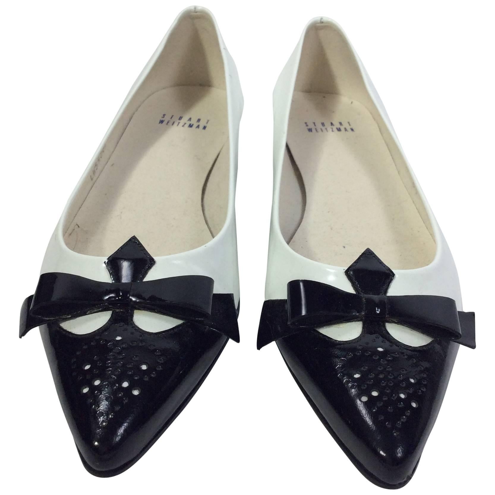 Stuart Weitzman White Patent Flats with Black Toes