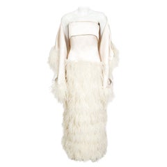 Vintage 1960s Arnold Scaasi Couture Ivory Satin Feather Strapless Gown w/ Shawl