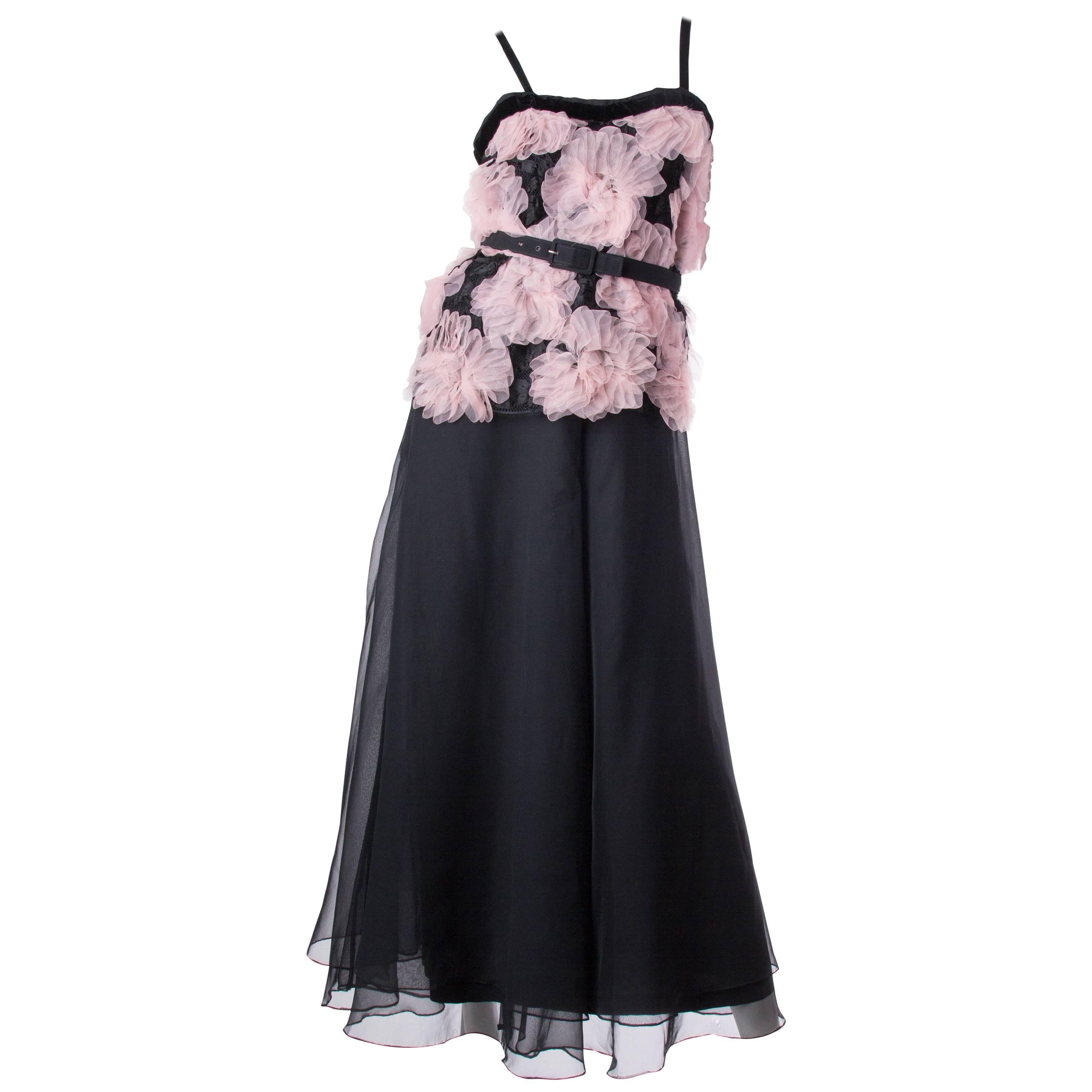 MORPHEW COLLECTION Black & Pink Chiffon Chanel Inspired Gown Made With 1980S Ri For Sale