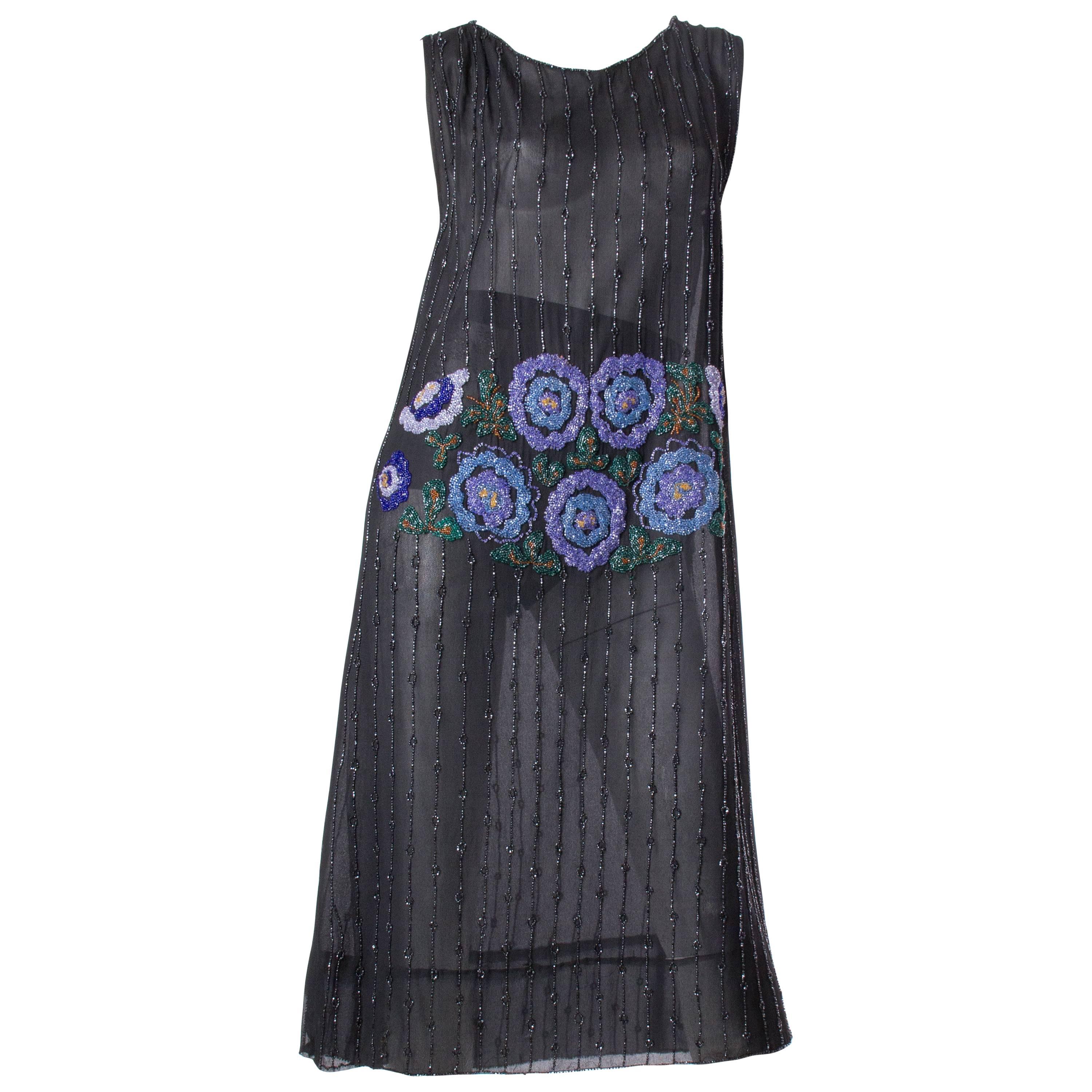 1920S Black Silk Chiffon Flapper Dress With Blue & Green Floral Beadwork For Sale