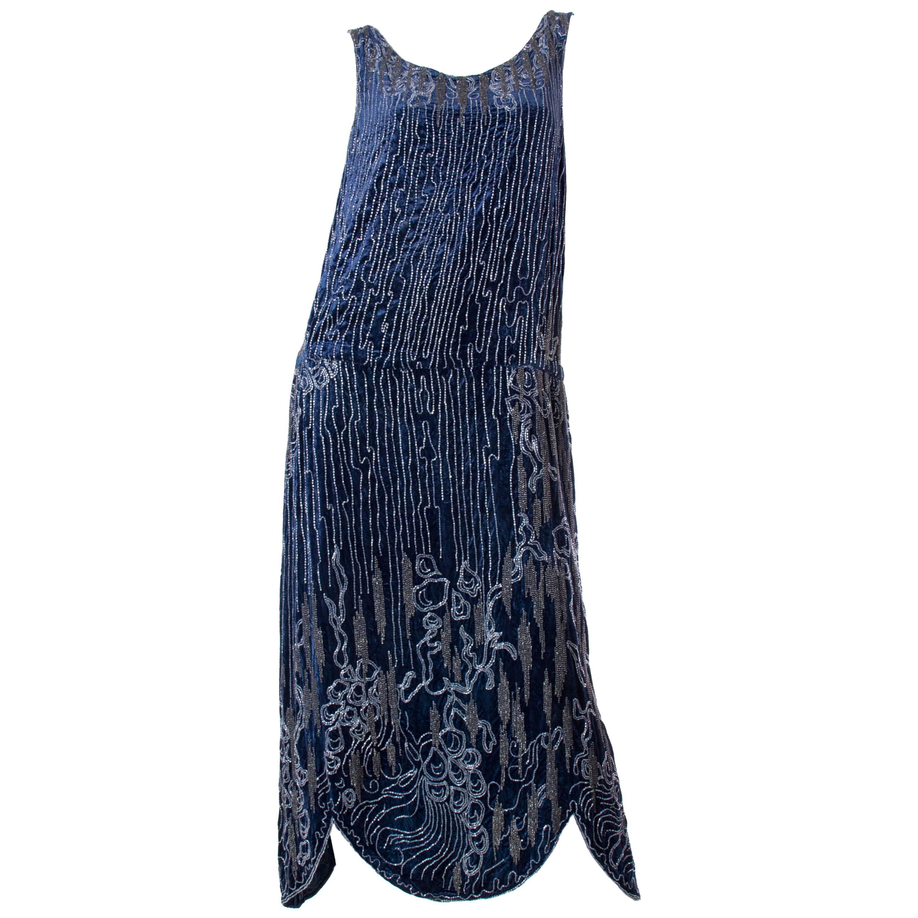 1920S Sapphire Blue  Silk Velvet Abstract Deco Beaded Cocktail Dress With Side 
