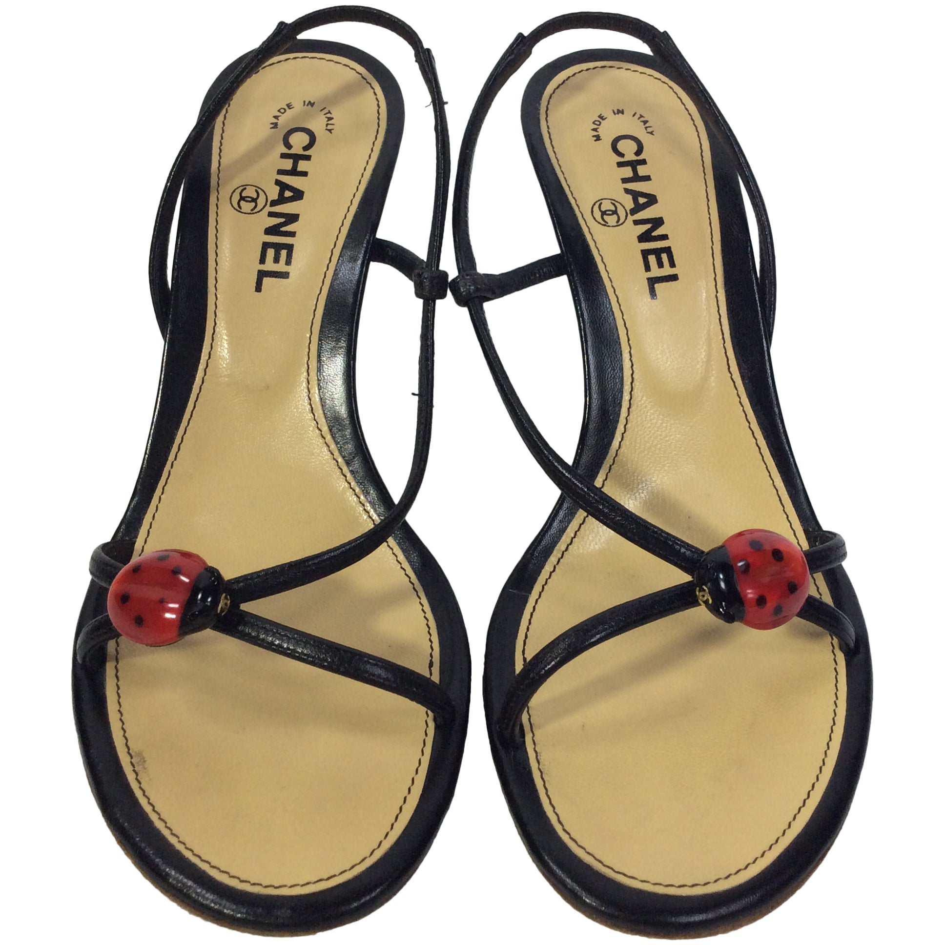 Chanel Black Strapped Slingback Heels with Ladybug at 1stDibs