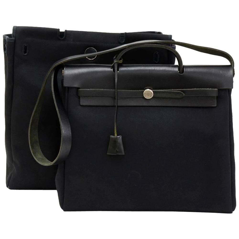 Hermes Herbag MM 2 in 1 Black Canvas Leather Shoulder Hand Bag