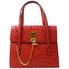 Celine Red Exotic Skin Leather Gold Chain Kelly  Top Handle Satchel Flap Bag