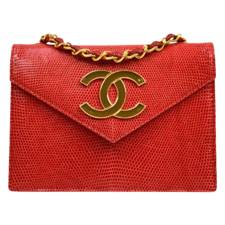 CHANEL Red Lizard Exotic Skin Leather Gold CC Small Mini Evening