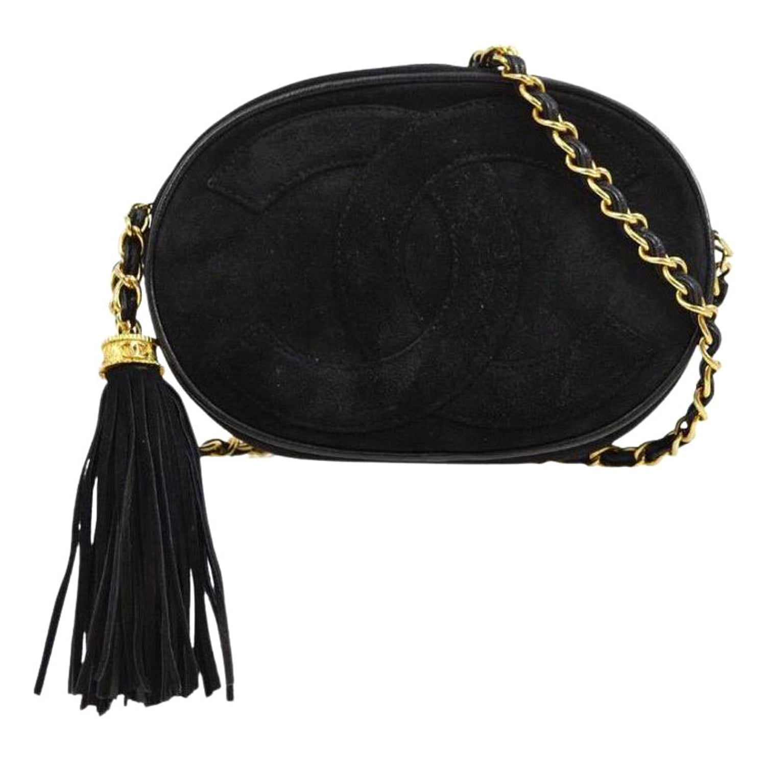 CHANEL CC Black Suede Oblong Oval Gold Chain Tassel Evening Shoulder Bag  For Sale at 1stDibs