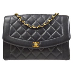 CHANEL Black Lambskin Leather Gold Diana Jumbo Evening Shoulder Flap Bag