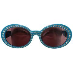 Vintage Chanel Turquoise Rhinestones Oval Frames Sunglasses 