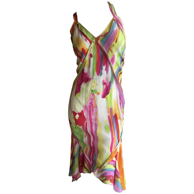 Yves Saint Laurent Rive Guache Watercolor Silk Ruffle Dress For Sale at ...