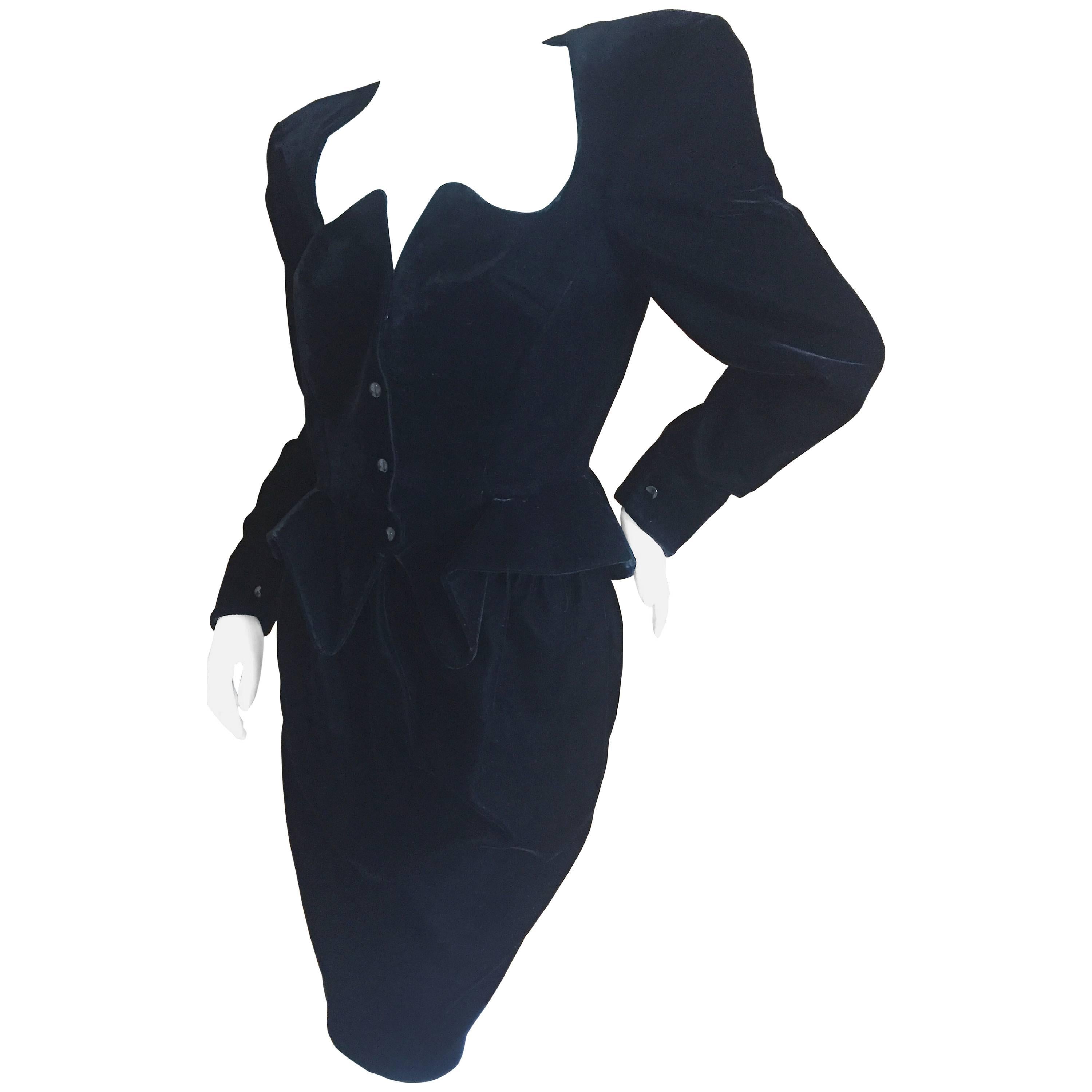 Thierry Mugler 1980's  Portrait Neckline Black Velvet Suit