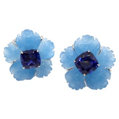 25mm Carved Blue Quartzite Flower and Cushion-cut Lab Sapphire Earrings