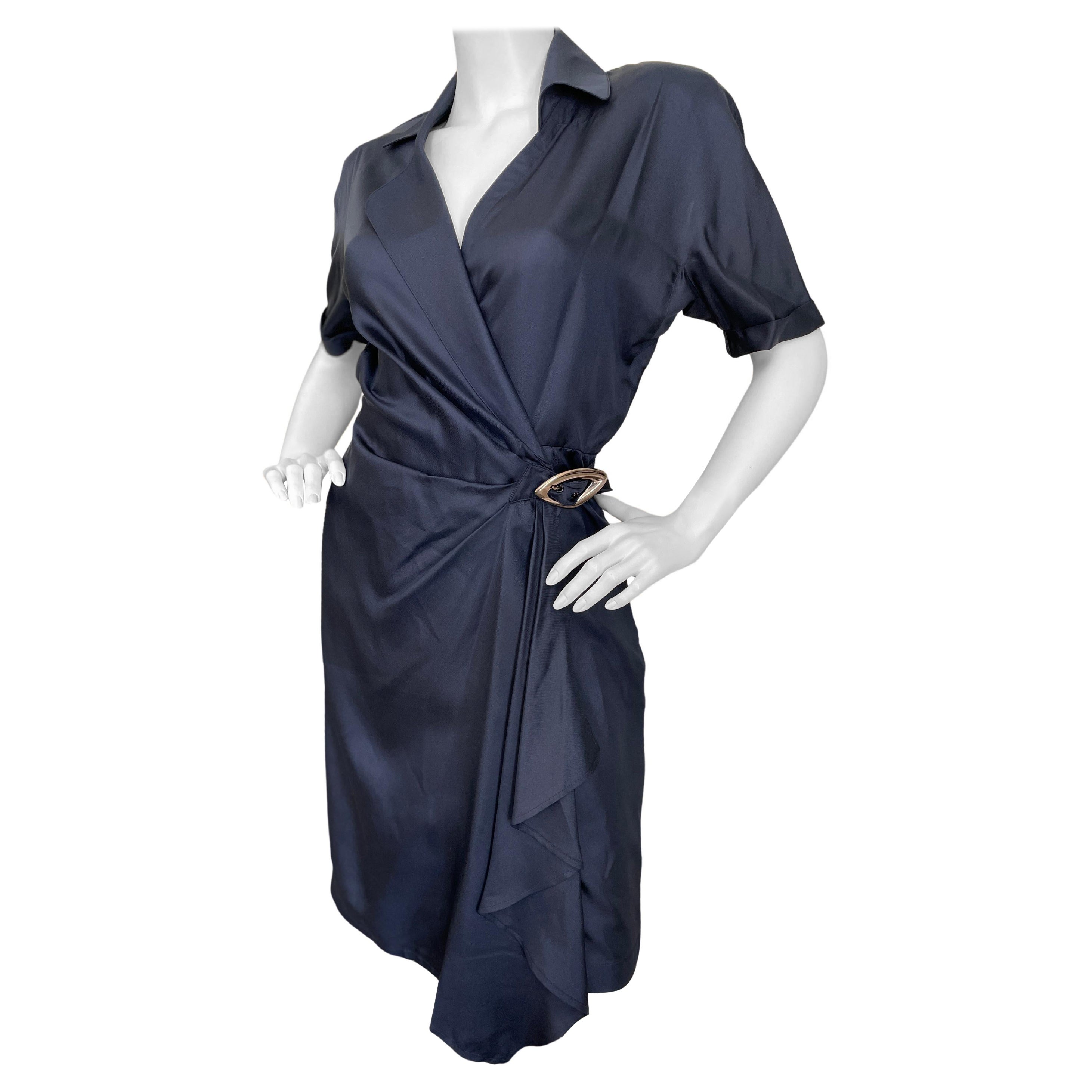 Thierry Mugler Vintage 1980's Navy Blue Silk Wrap Style Dress w Mod Buckle For Sale
