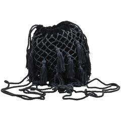 Vintage Bottega Veneta Black Velvet Woven Tassel Drawstring Bucket Evening Bag