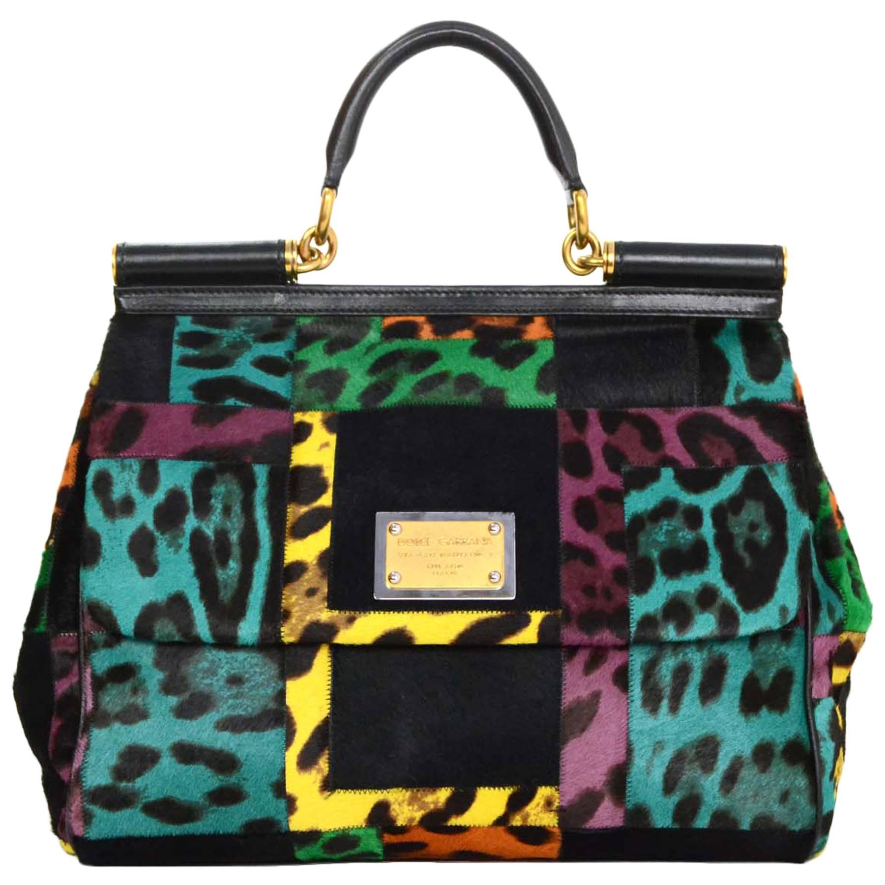 Dolce & Gabbana Sicily Leopard Print Pony-hair Patchwork Bag with Strap GHW