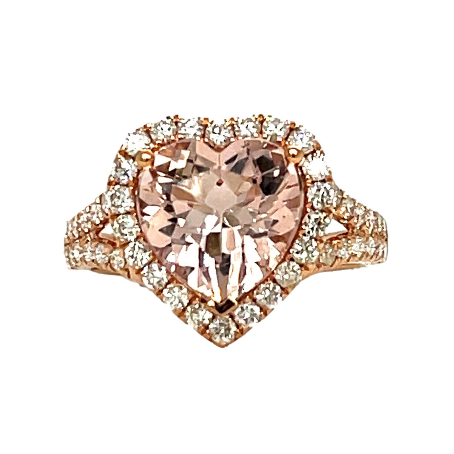 10x10mm Heart Shape Morganite and Diamond ring in 14K Rose Gold For Sale