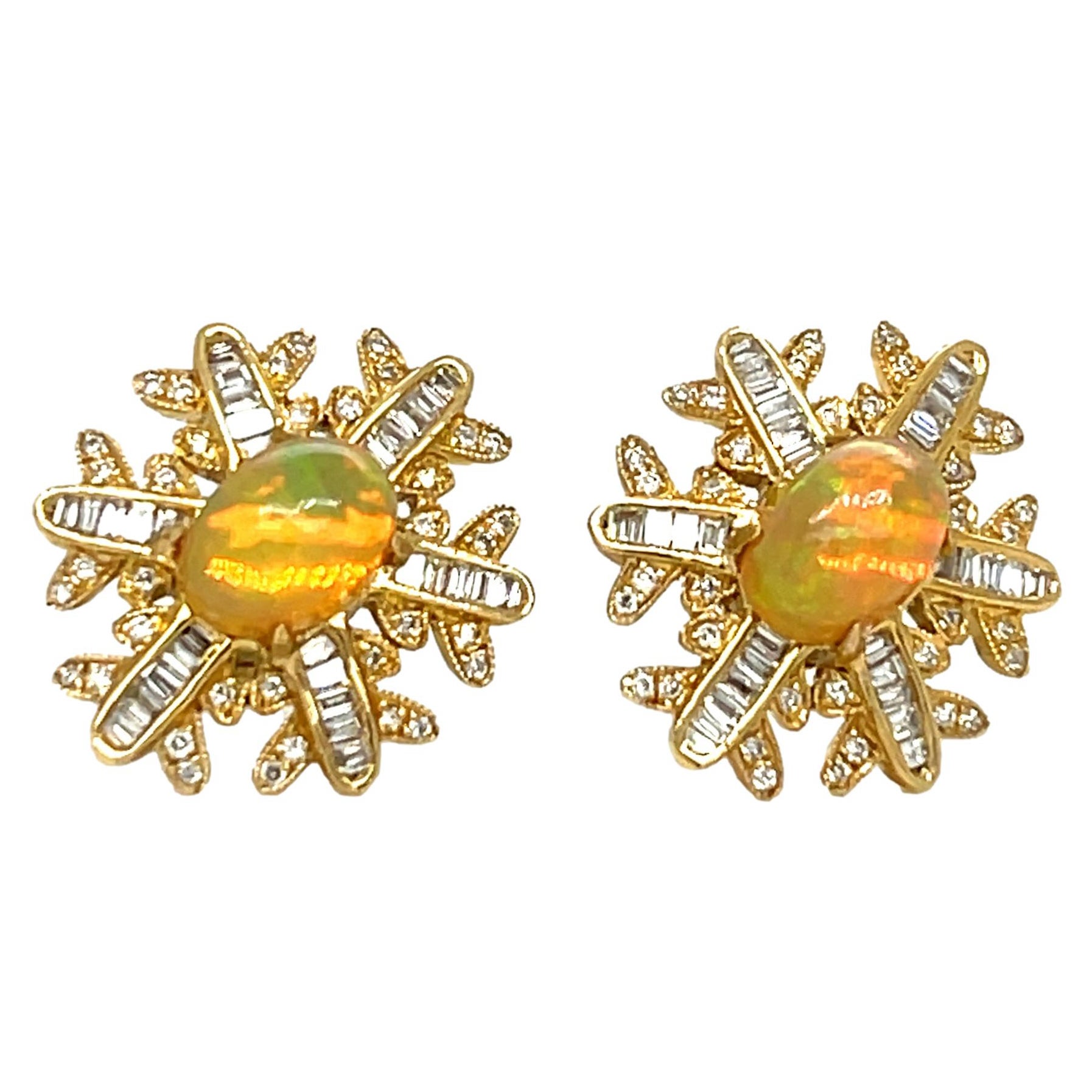 Ethiopian Opal and Diamond Snowflake Earrings in 14KY Gold  For Sale