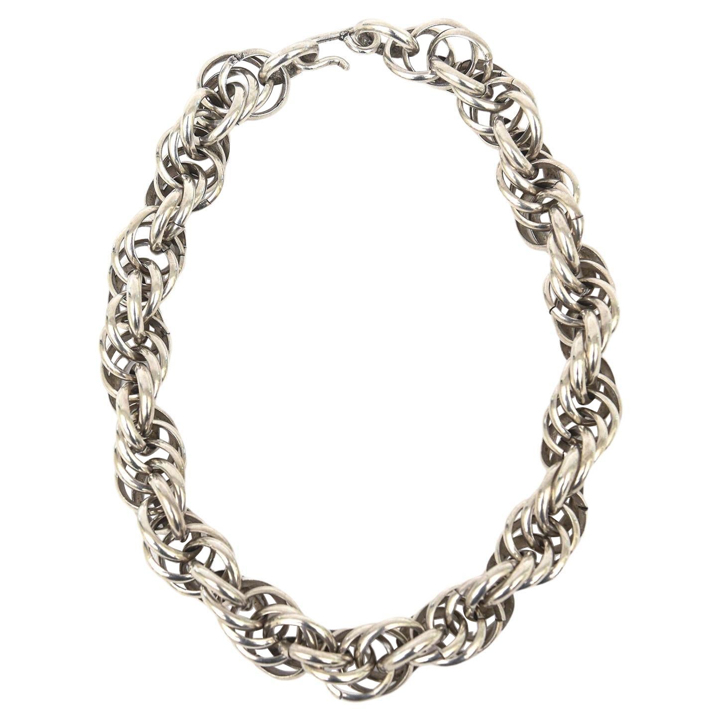Sterling Silver Vintage Italian Hallmark Twisted Link Sculptural Collar Necklace For Sale