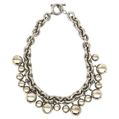 Vintage Givenchy Signed Chromed Metal Chain and Ball Pendant Necklace