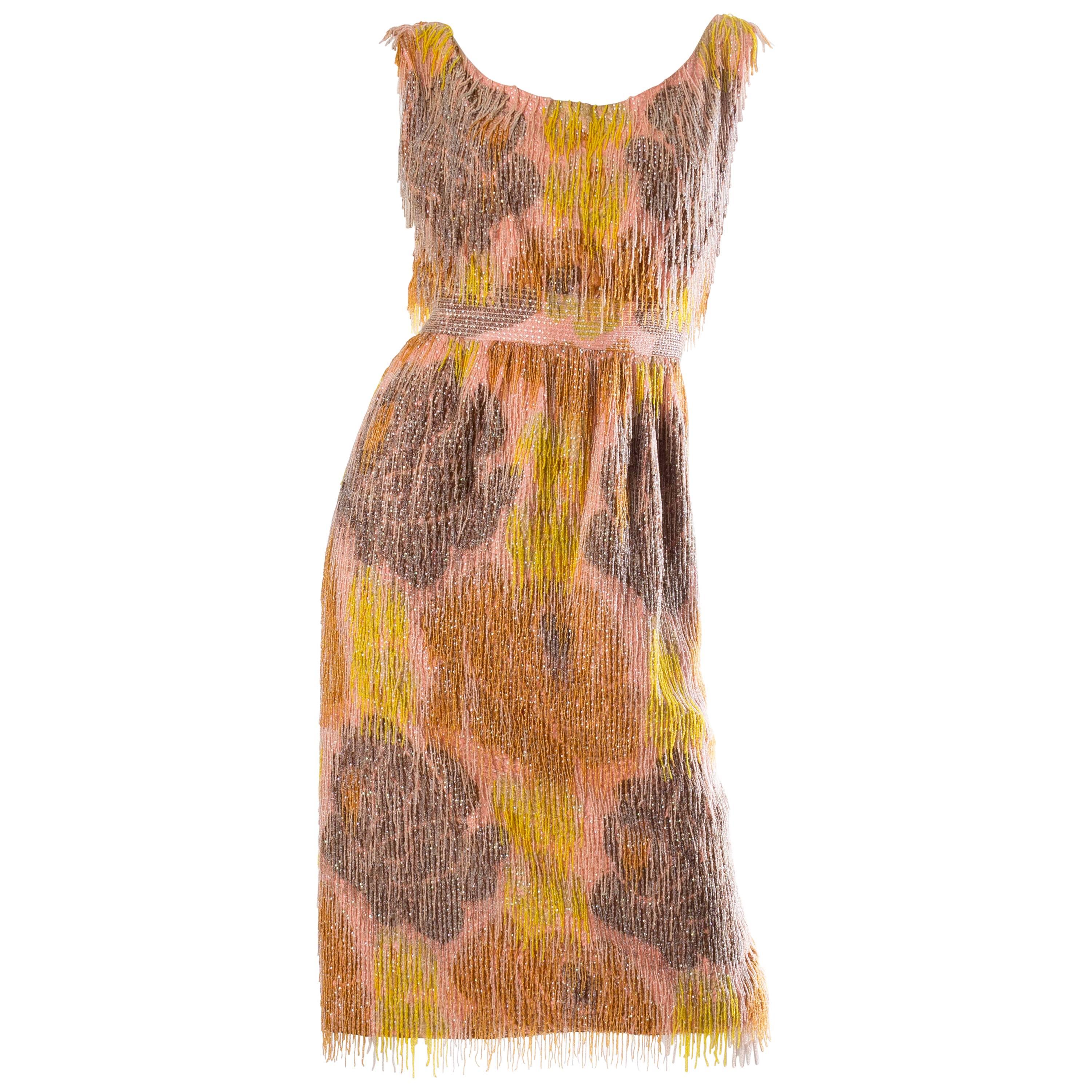 1950S CARVEN Amber Haute Couture Silk Taffeta Handwoven Floral Ikat Cocktail Dr en vente