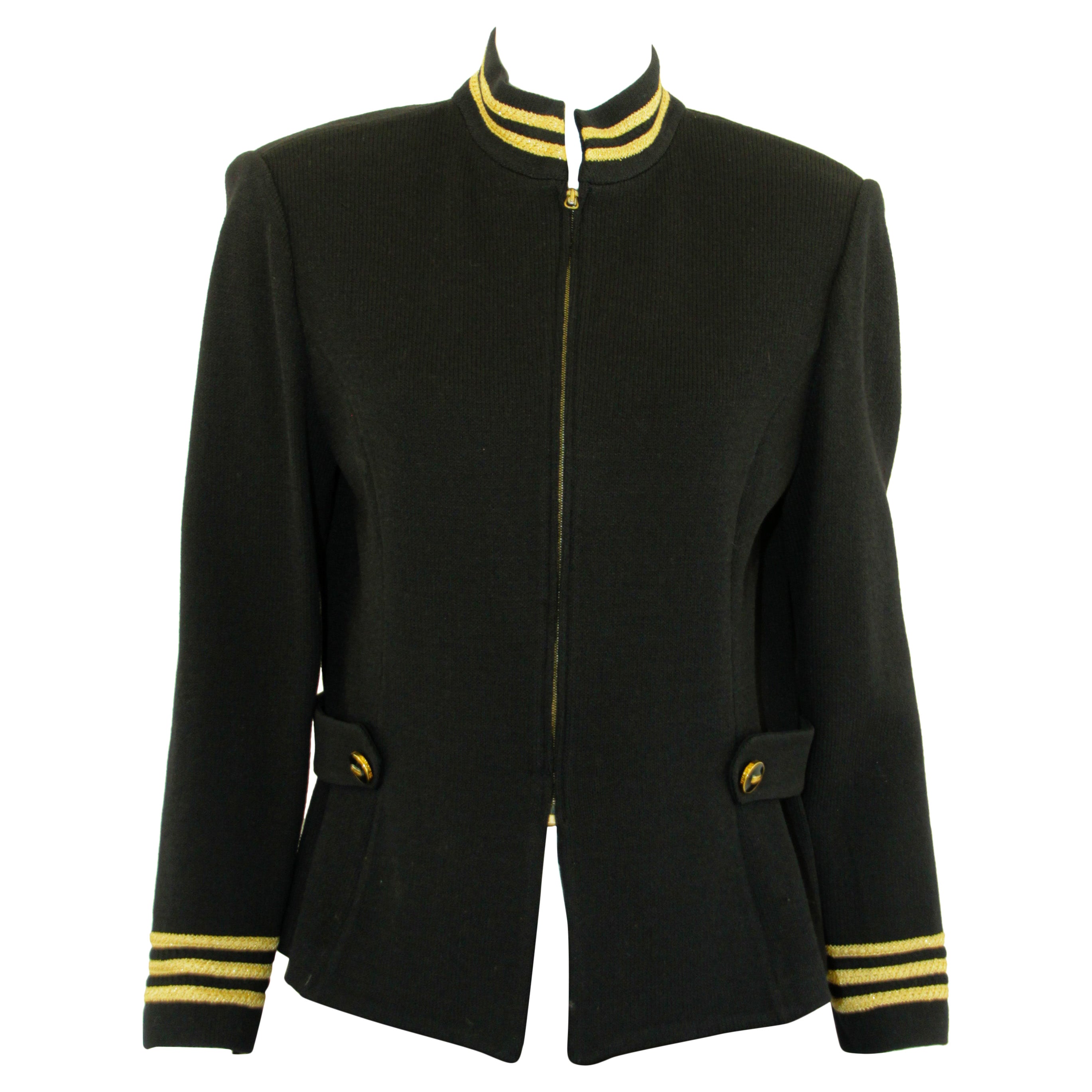 St. John Military Blazer Knit Jacket 1990's Black and Gold For Sale