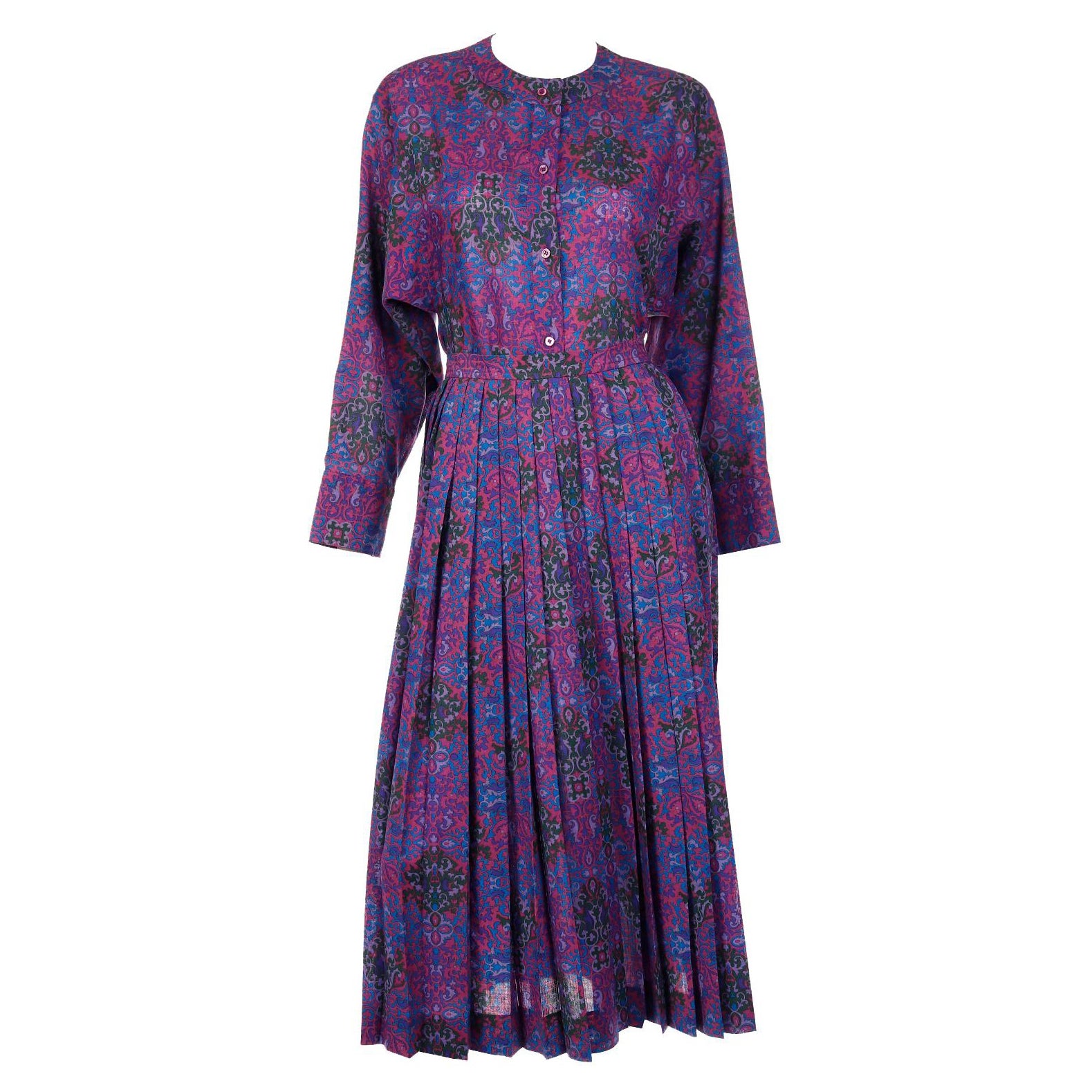 Yves Saint Laurent 1980s Purple Pink Blue Wool Challis 2pc Dress Skirt & Blouse