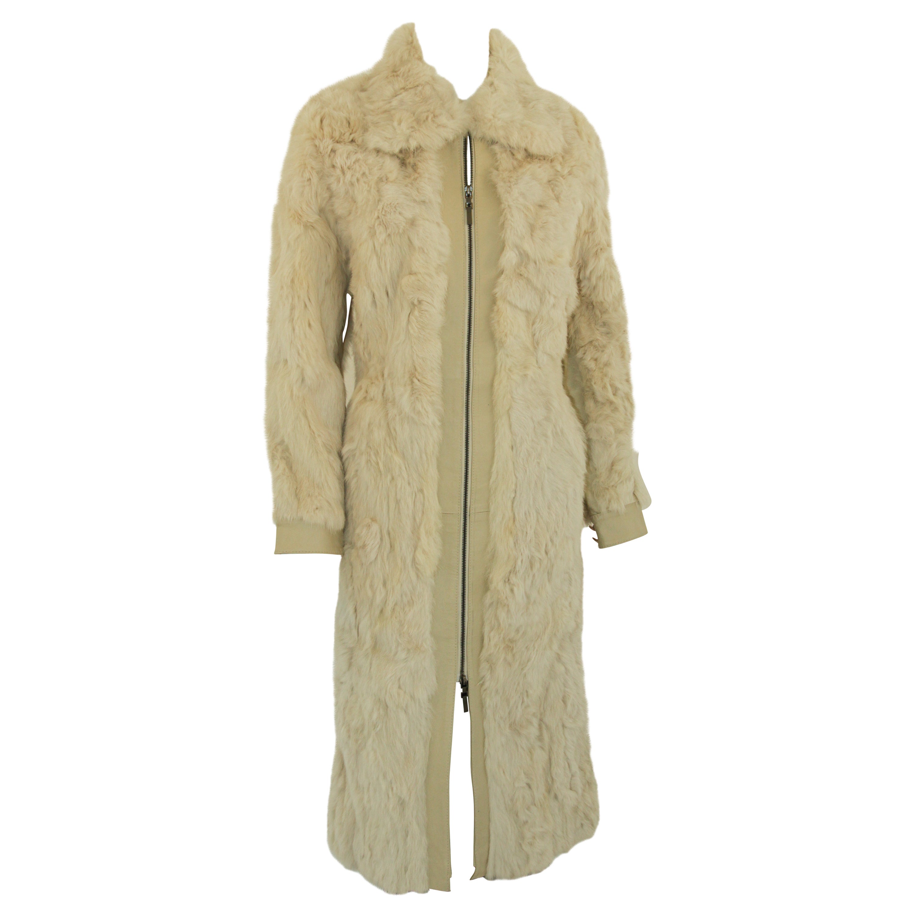 White Leather and Fur Vintage Coat with Zipper 1970's For Sale