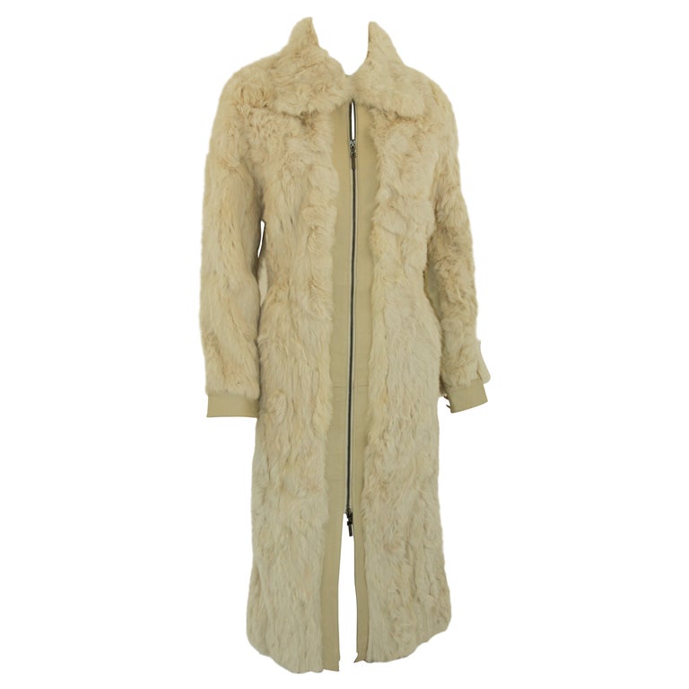 White Leather and Fur Vintage Coat with Zipper 1970's For Sale at 1stDibs