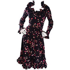 Vintage Victor Costa 1970s Black Tulip Print 70s Taffeta Belted Ruffle Dress