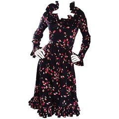 Vintage Victor Costa 1970s 70s Black Tulip Print Taffeta Belted Ruffle Dress 7