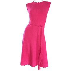 1960s St. John Hot Pink Crochet Knit A - Line 60s Vintage Dress w/ Tassel Belt
