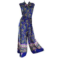 Fantastic 1970s Vintage Blue Geometric Paisley Wide Leg Palazzo Pant Jumpsuit 4