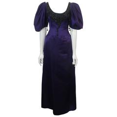 Oscar de la Renta Purple Silk Gown with Puffy Sleeves and Beading - 8 -circa 90s