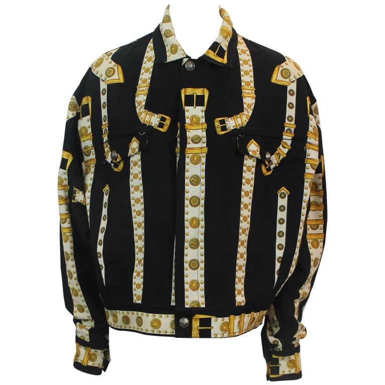 Versace Vintage Black/White/Gold Cotton Blend Studded Belt Print Jacket