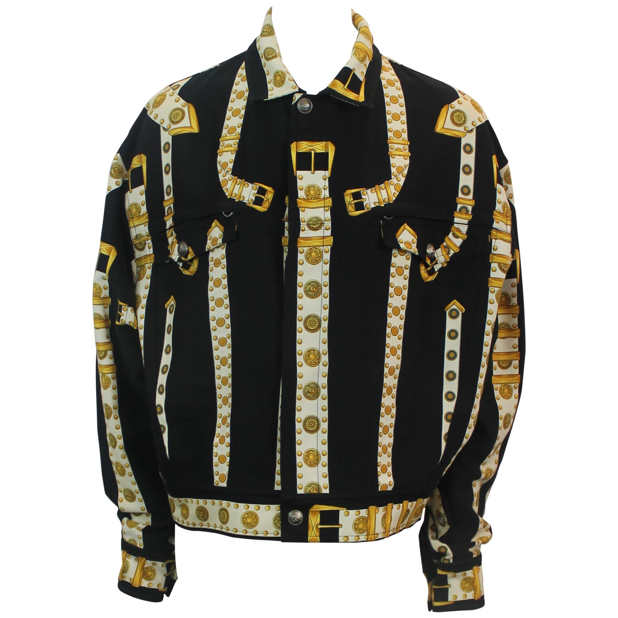 Versace Vintage Black/White/Gold Cotton Blend Studded Belt Print Jacket ...