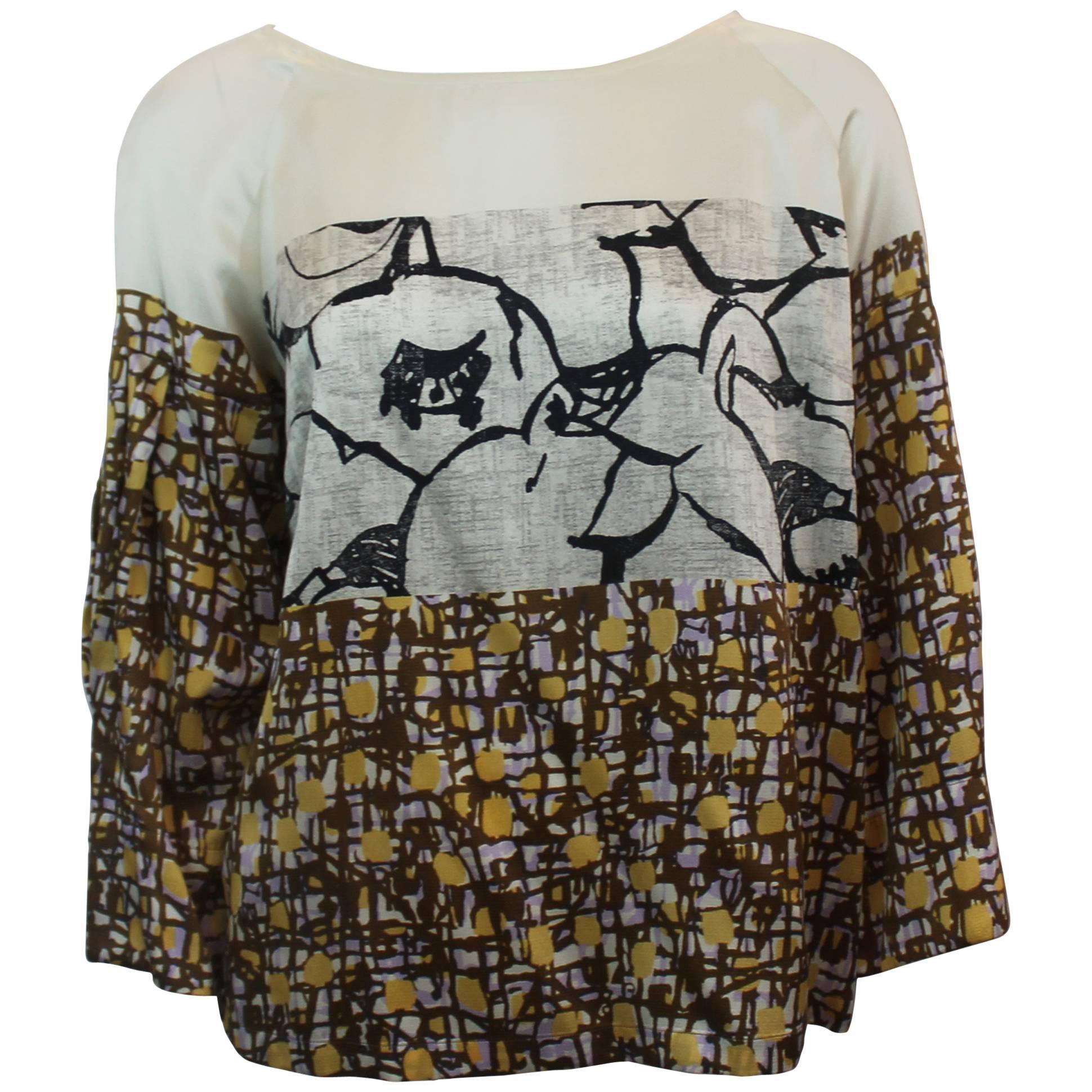 Dries Van Noten Silk Earth Tone Patterned Loose Long Sleeve Top - 40