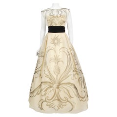 Vintage 1950's Hattie Carnegie Couture Whimsical Hand-Painted Cream Silk Gown