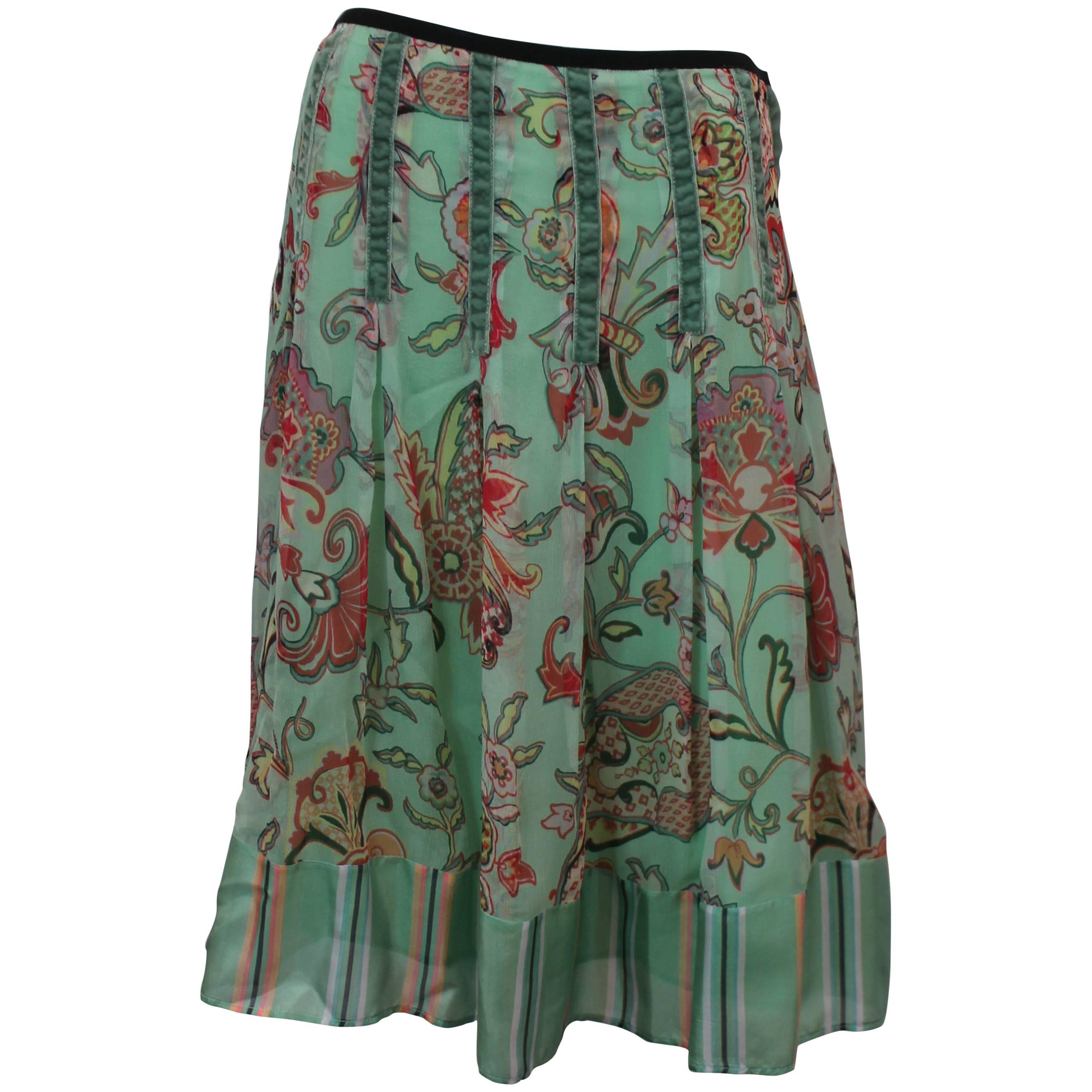 Etro Seafoam Silk Chiffon Paisley Print Skirt with Striped Silk Bottom - 42