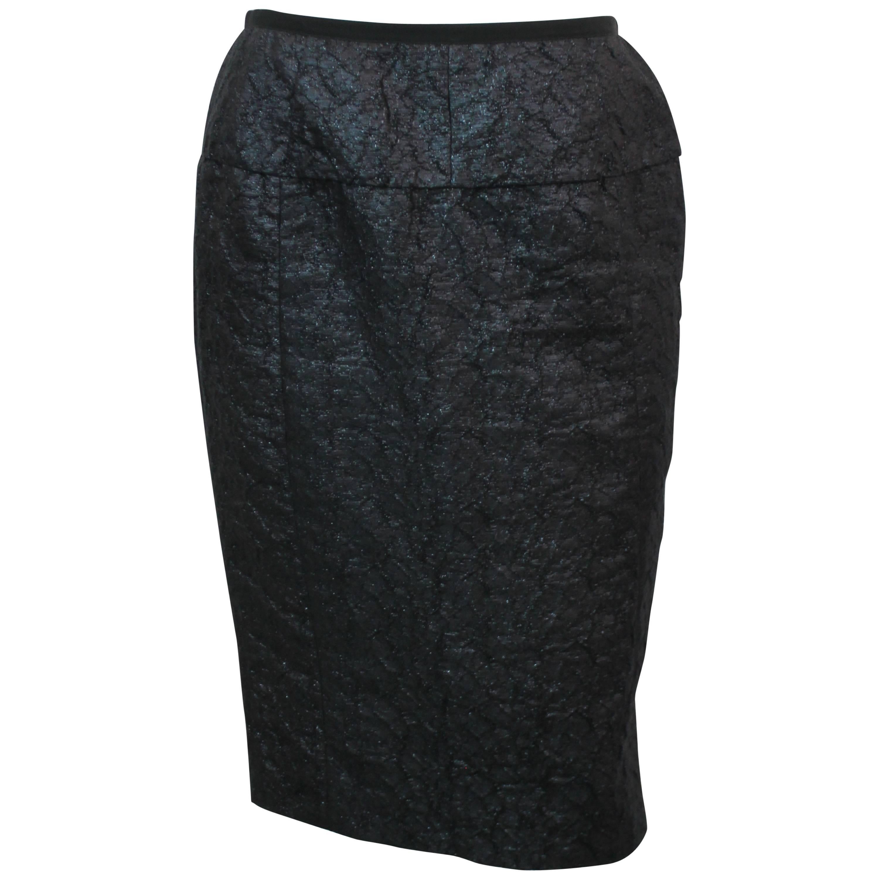 Nina Ricci Dark Navy Linen with Metallic Sheen Blend Brocade Skirt - 40 