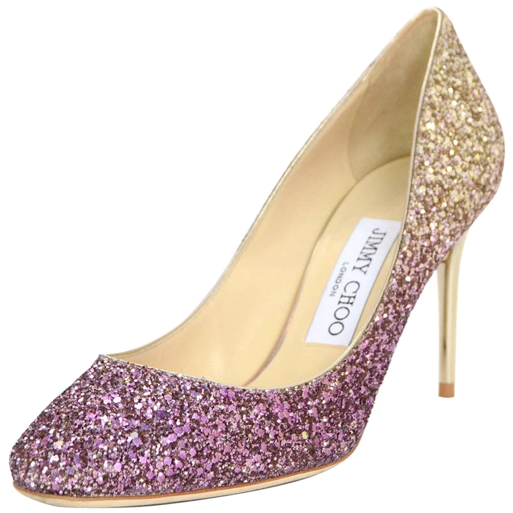 Jimmy Choo Esme Gold and Pink Ombre Glitter Pumps Sz 36