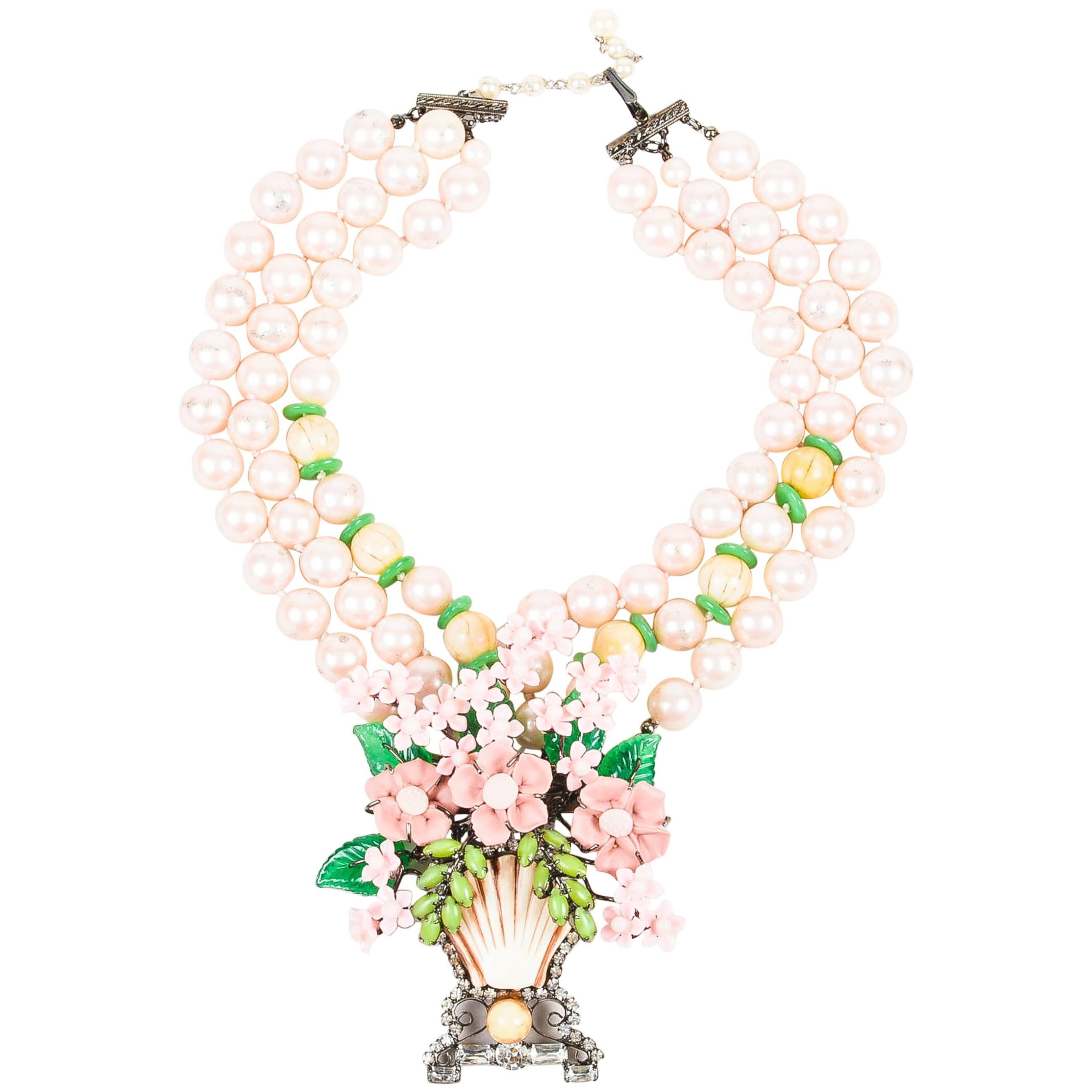 Lawrence VRBA Pink/Green Faux Pearl Flower Basket Large Pendant Necklace For Sale