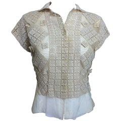 Vintage sheer cream cotton tulle & lace button front short sleeve blouse 1930s
