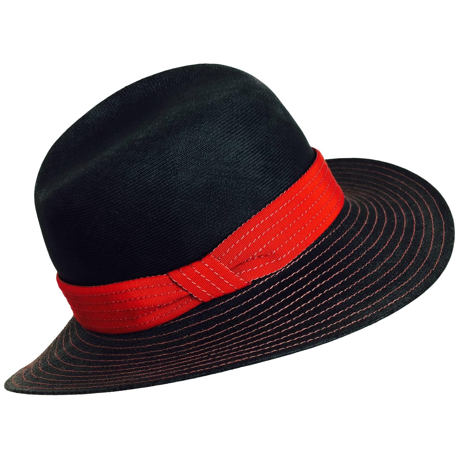 Vintage Galanos matte black & red straw fedora hat 1960s NWT