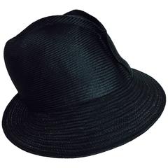 Galanos Vintage exterior seam glazed black straw cloche hat 1960s 11